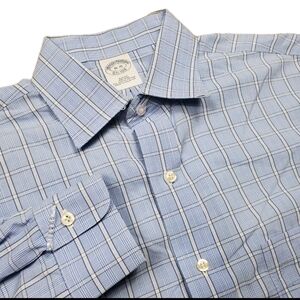 Brooks Brothers Button Down Shirt Mens 16-35 Blue Plaid Slim Fit Cotton Non Iron
